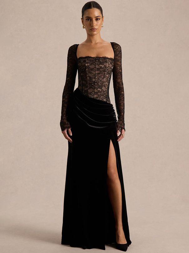 Blifanbo Lace Velvet Sexy Elegant Maxi Dress Women See Through Backless Split Square-Neck Long Sleeve Club Party Long Dress New_ecoleips.com