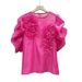 French Style 3D Floral Print Blouse Women's Short Sleeve Top Loose Fit Unique Design Chic Casual Shirt_ecoleips.com