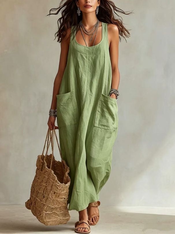 Women's Summer Cotton Linen Long Dress Temperament Casual Style with Pockets Suspender Design_ecoleips.com