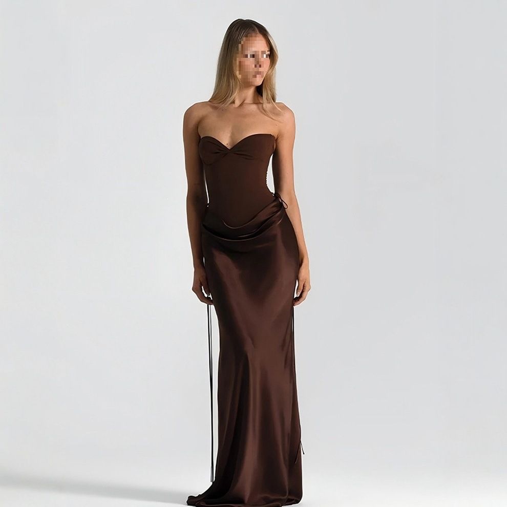 Women's Fashion Solid Color Herringbone Waist Slim Fit Evening Dress Black European And American Style Flowing Ribbon Fishtail Long Skirt_ecoleips.com