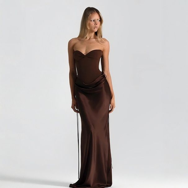 Women's Fashion Solid Color Herringbone Waist Slim Fit Evening Dress Black European And American Style Flowing Ribbon Fishtail Long Skirt_ecoleips.com