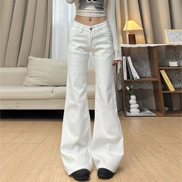 High-waisted, Long-length, American-style, White, Non-tight-fitting, Slightly Flared Jeans For Women, Summer Low-waist,_ecoleips.com