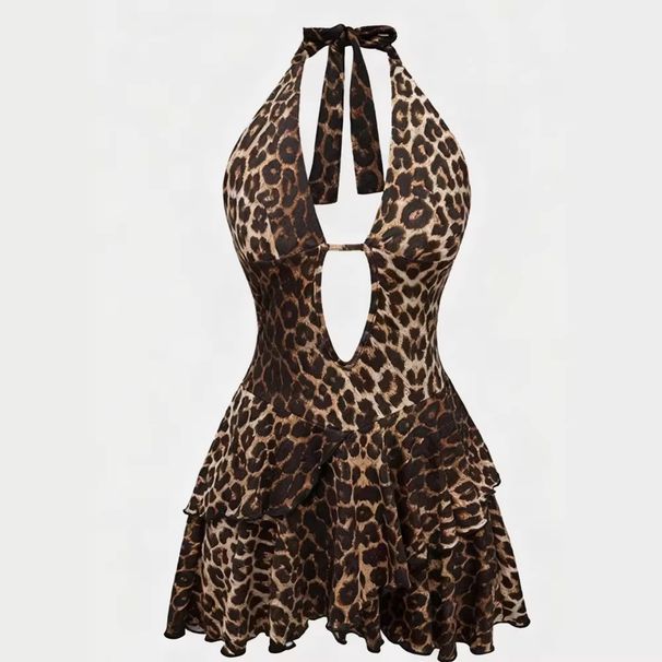 Sexy Leopard Print Suspender Slim Fit Dress for Women Sleeveless Hollowed out Deep V European And American Style Party Dress_ecoleips.com