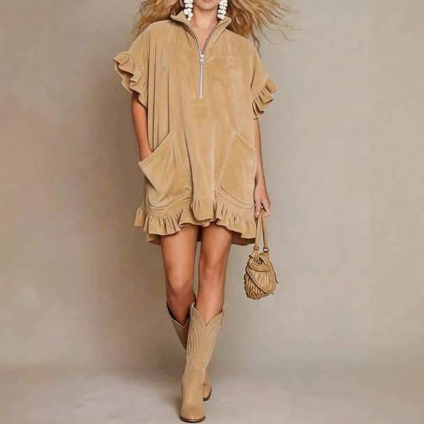 Women's Mock Neck Half Zip Loose Fit Ruffle Hem Short Sleeve Dress – Slimming Flowy Summer Midi_ecoleips.com
