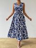 New 2026 Elegant Women's French Resort Style Printed Dress V Neck Maxi Tie Waist European American Cross Border Elegance_ecoleips.com
