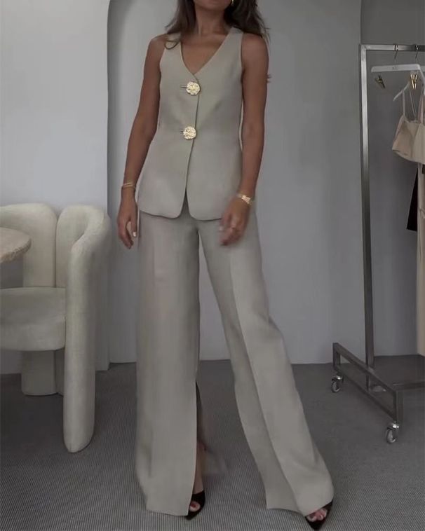 2024 European And American Cross-Border Women's Fashion Elegant Solid Color V-Neck Sleeveless Vest High-Waisted Wide-Leg_ecoleips.com