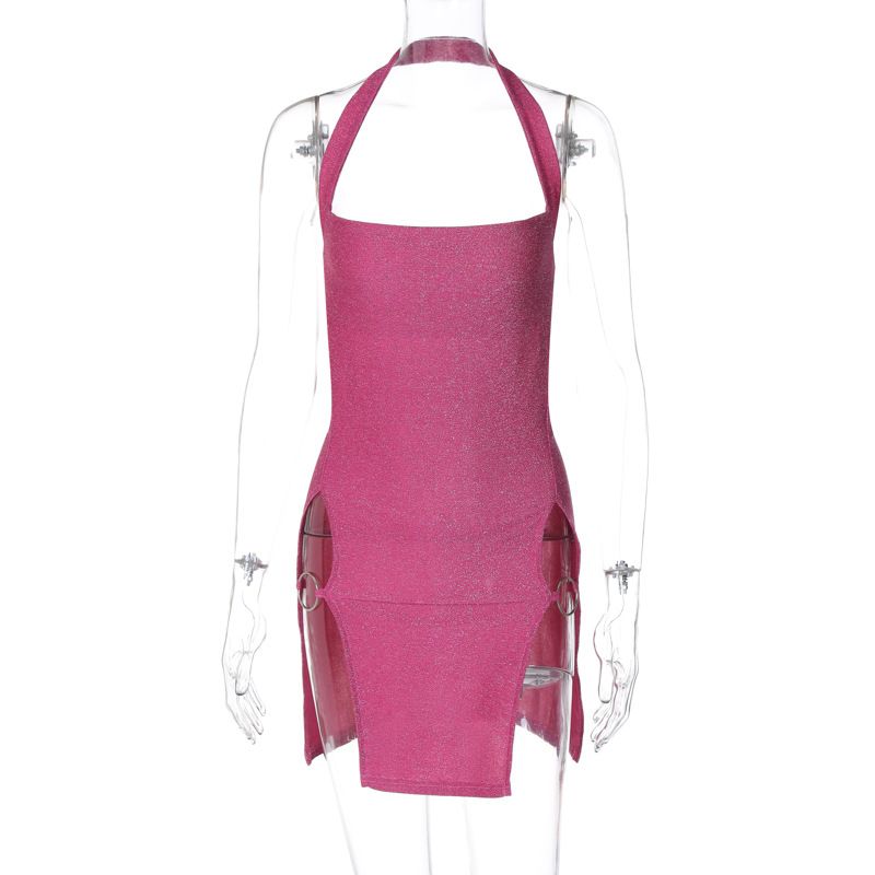 Sexy Hot Girl Style Short 2025 Spring European And American Foreign Trade Women's New Halter Neck Slit Shiny Bodycon_ecoleips.com