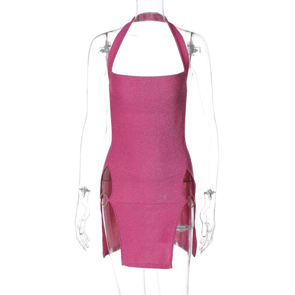 Sexy Hot Girl Style Short 2025 Spring European And American Foreign Trade Women's New Halter Neck Slit Shiny Bodycon_ecoleips.com