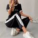 Women's Summer Fashion Color Block Two Piece Set round Neck Short Sleeve Top Loose Sports Pants Casual Print 8002_ecoleips.com