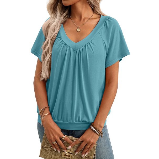 Women's V-Neck Ruffle Short Sleeve T-Shirt Soft Cotton Relaxed Fit Casual Blouse Summer Top_ecoleips.com