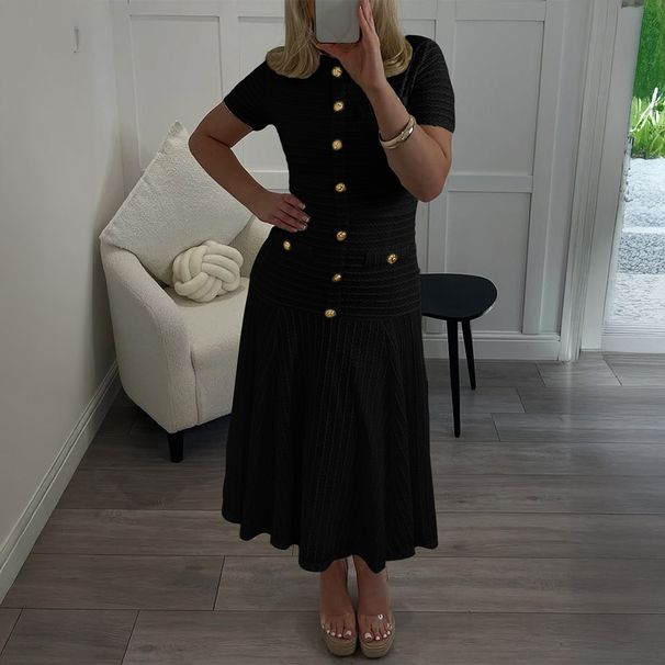 Diyun European And American Simple Elegant Style Button Short Sleeve Long Dress Women's Clothing 2025 Autumn Winter_ecoleips.com