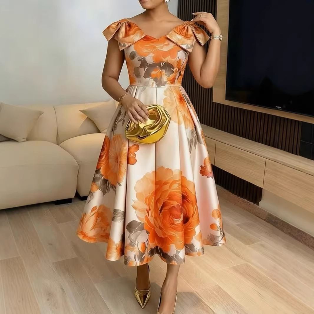 Orange Blossom Print Dress Ruffled Neckline Elegant Vacation Style Slimming Waist Defining Women's Clothing/Dress_ecoleips.com