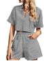 Women's Clothing Cotton And Linen Solid Color V Neck Drop Shoulder Short Sleeve Fashion Casual Loose Shorts Pocket Two Piece Set_ecoleips.com