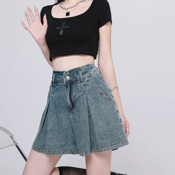 Korean Casual High Waisted Pleated Denim Shorts For Women Spring Summer Baggy Jeans Shorts Y2k A-Line Wide Leg Jeans_ecoleips.com