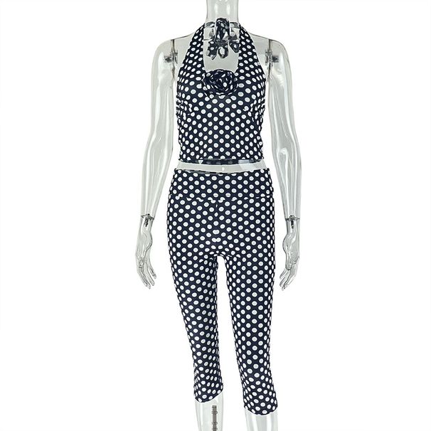 Women's Polka Dot Print Two Piece Set European American Style Sports Streetwear Halter Top Skinny Leggings_ecoleips.com