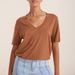 Deep V-Neck Design T-Shirt Style Top Summer Knitted Linen Bamboo Cotton Short Sleeved Loose Women_ecoleips.com
