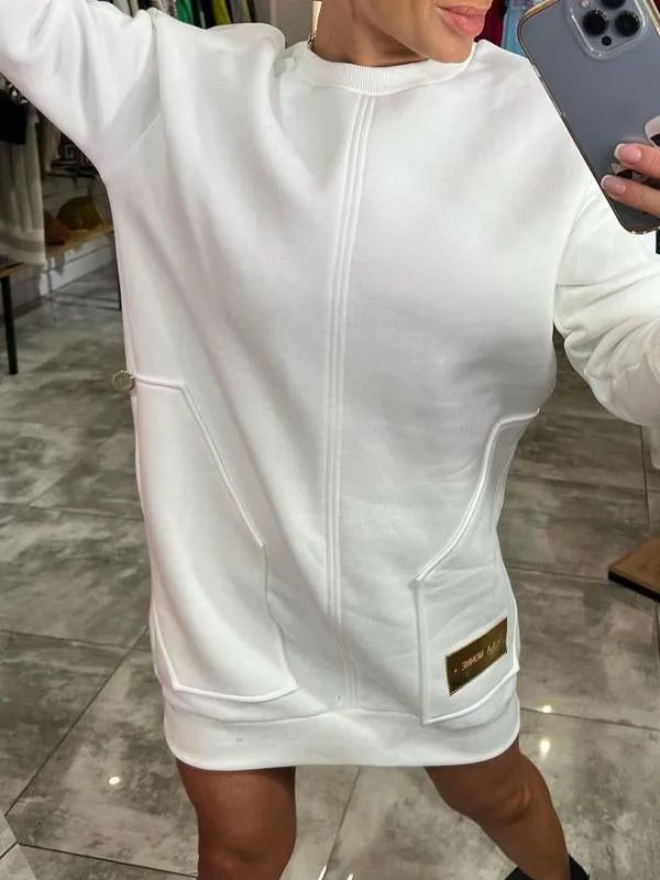 Oversized Knit Sweater Dress With Pockets – Long Sleeve, A-Line Casual Tunic (Black/Pink/White/Beige, S-XXXL)_ecoleips.com