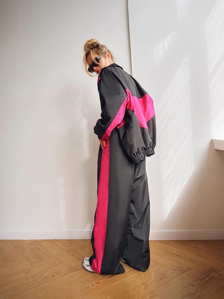 Women's Casual Suit Fashionable Loose Color Matching Long-sleeved Zipper Cardigan Contrasting Top Trousers Sports Suit_ecoleips.com