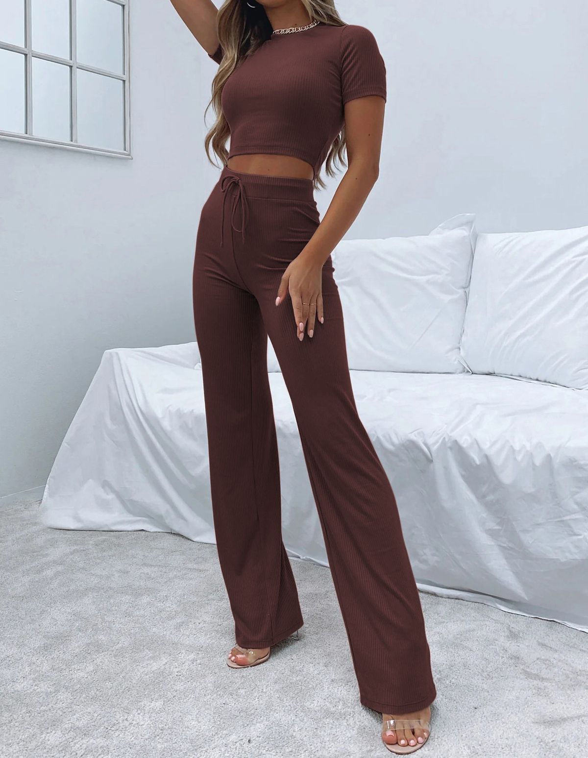 Women's Clothing Short Sleeved Cropped Tops Trousers Knitted Casual Suit_ecoleips.com