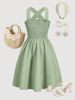 Midi Dress Spring Summer Women Light Green Cross Back Smocked Bust Flowy Casual Chic Vacation Beach Dress_ecoleips.com