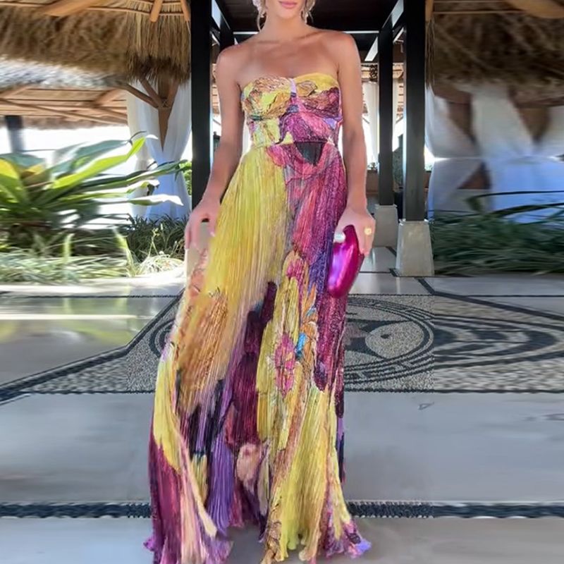 Women Fashion Hight Waist Pleated Holiday Dress Elegant Backless Beach Party Dresses Sexy Halter Pattern Print Swing Long Dress_ecoleips.com