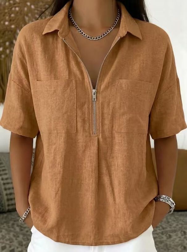 Summer Women's Loose Fit Short Sleeve T-Shirt V Neck Zipper Solid Color American Style Independent Website New Arrivals_ecoleips.com