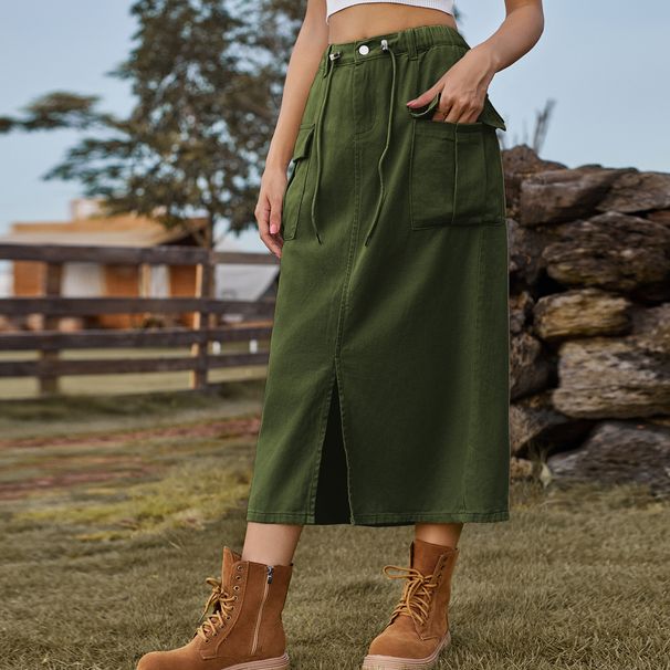 Women's Clothing Summer New Washed Lace Up Workwear Denim Slit Skirt_ecoleips.com