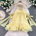 Yellow Bow Tie Sundress for Women Beach Photos Slimming Sexy Backless Design Loose Flattering Ruffled Hem Casual Summer Dress_ecoleips.com