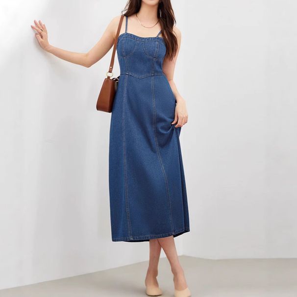 Women's Sleeveless Denim Dress Mid-Calf Length A-Line Jean Dress With Spaghetti Straps For Summer Casual Vintage Y2K Clothes_ecoleips.com