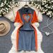 Women's Clothing Fashion Contrast Color Stitching Polo Collar Short Sleeve Denim Slim Mid Length Skirt_ecoleips.com