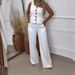 Women's Clothing solid color one shoulder sleeveless single breasted top high waist wide leg pants two piece suit_ecoleips.com