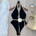 Women's Clothing Solid Color Halter Neck Three Dimensional Flower Swimsuit Waist Slimming Beach Bikini_ecoleips.com