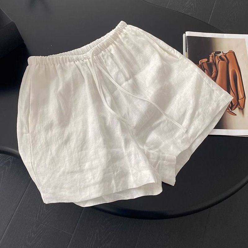 Suitable For All Seasons White Linen Shorts For Women Summer 2025 New Style Petite Loose Slimming Elastic Waist A-Line Casual Wide-Leg Pants_ecoleips.com