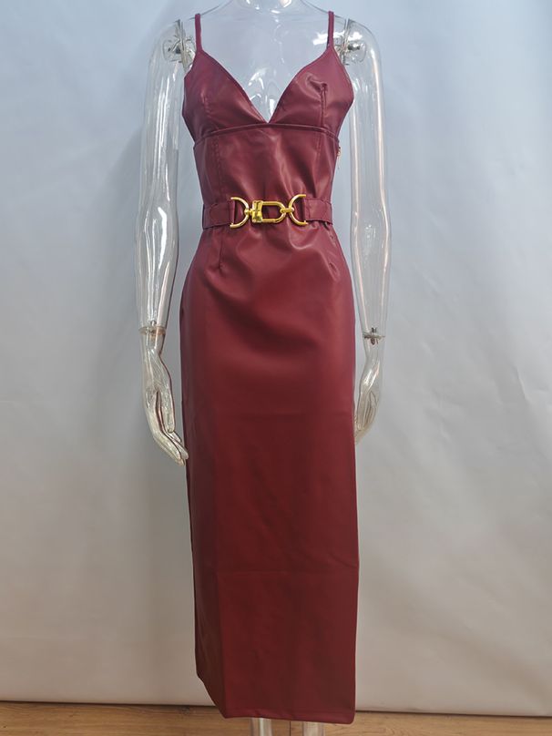 TARUXY Anglo-Red Leather Evening Long Dresses Women's Sexy Split Zipper Spaghetti Strap Dress Backless Bodycon Elegant Clothes_ecoleips.com