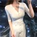 Korean Style Slim Fit Sheer mid Sleeve T-Shirt Women's Fitted Elegant V Neck Low Cut Slimming Base Layer Thin Top_ecoleips.com
