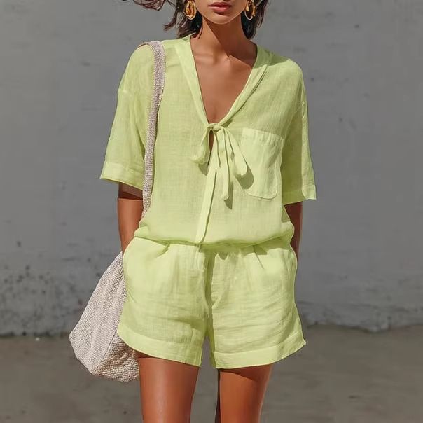 Women's Clothing Summer Casual Cardigan Set Solid Color Tie Waist Short Sleeve Loose Shorts New_ecoleips.com