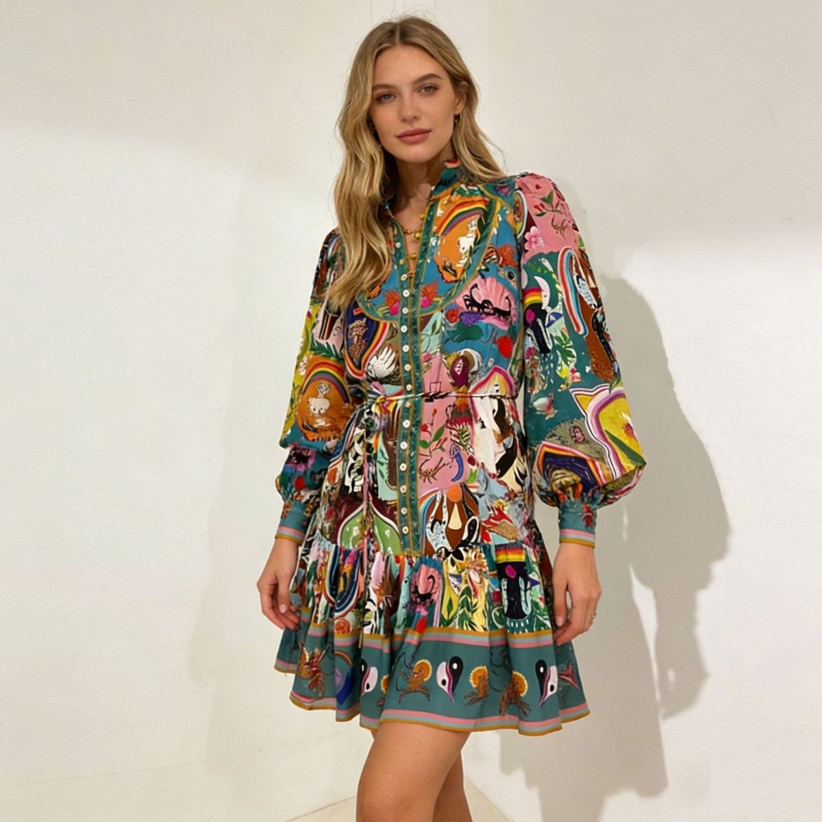 Women's Printed Dress European American Style Tie Waist V Neck Long Sleeved Jumpsuit/Short Dress New Cross Border_ecoleips.com