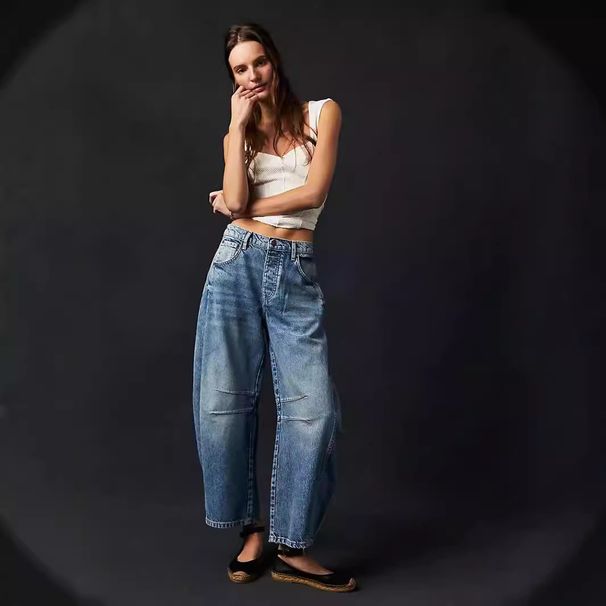 Women's Clothing Loose Wide Leg Pants Low Waist Washed Denim Trousers _ecoleips.com