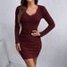 Brushed Knit Bodycon Dress – V-Neck Long Sleeve Wrap Dress With Waist Definition (S-XXL) | Work-to-Wine Staple_ecoleips.com