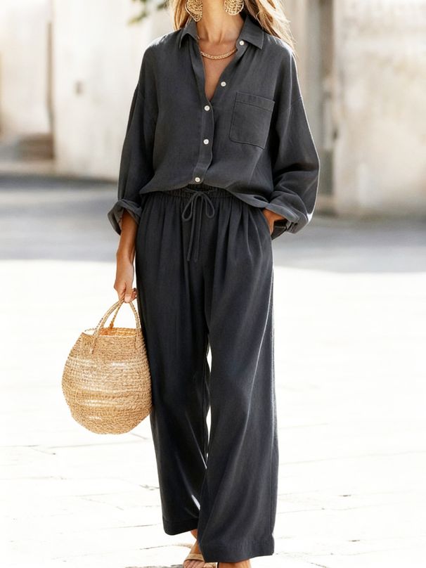 Women's Clothing Women's Solid Color Suit Set Style Imitation Cotton Linen Loose Long Sleeved Top For Formal & Casual For Women_ecoleips.com