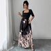 Women's Floral Print Square Neck Midi Dress Elegant A-Line Swing Dress with 3/4 Sleeves Artistic Botanical Print_ecoleips.com