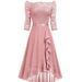 Women's new mid-length skirt one-shoulder mid-sleeve sexy lace chiffon dress_ecoleips.com