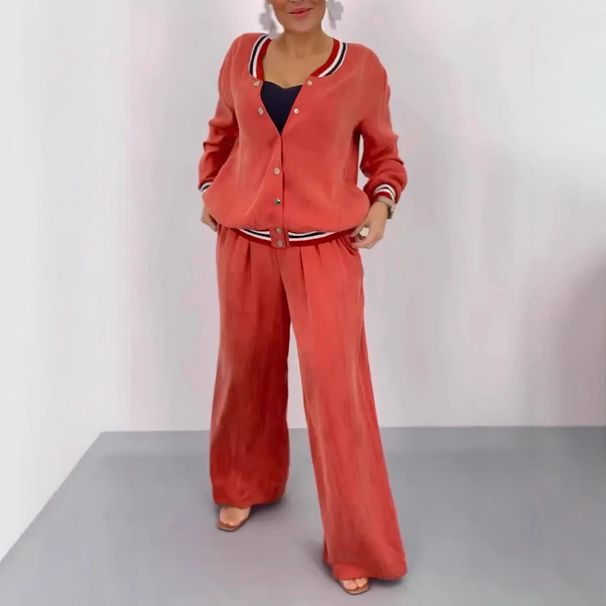 Women's Clothing Round Neck Splicing Cardigan Top Wide Leg Pants Casual Suit_ecoleips.com
