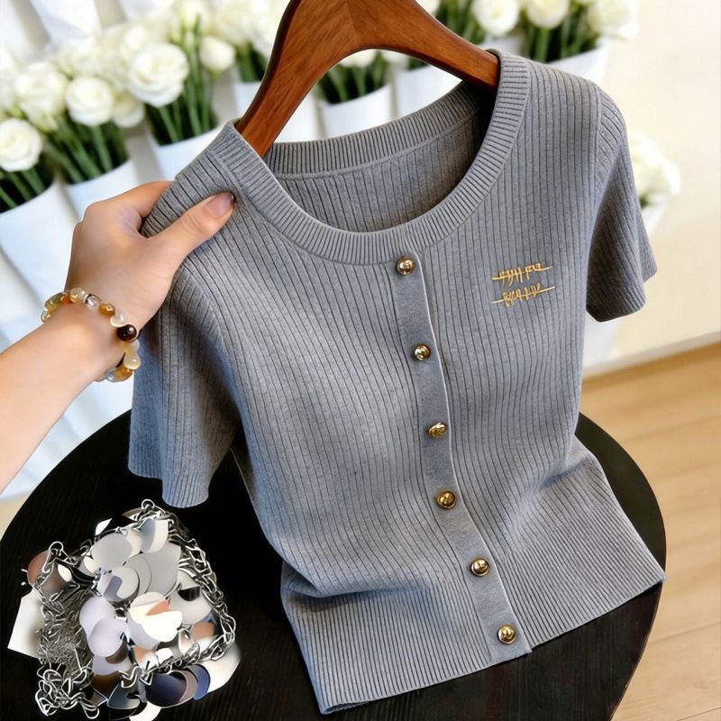 Women's Round-Neck Knit T-Shirt Breathable Viscose Blend Slim Fit Casual Top for Spring And Summer_ecoleips.com