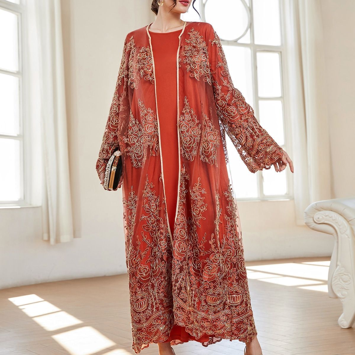 2025 Muslim Women's Clothing Spring Summer New Lace Embroidered Set Cardigan Robe_ecoleips.com