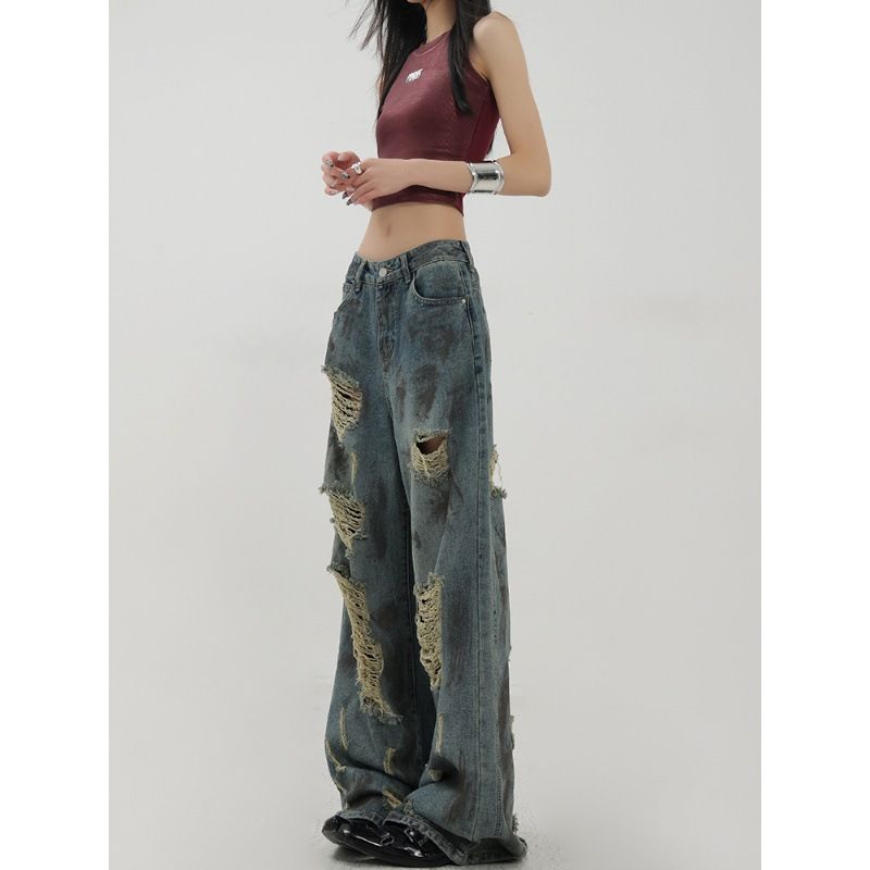 Abandoned Soil Style Splashed Ink Ripped Jeans For Women's Spring And Summer New Design Sense, Low Waist Slimming, Wide_ecoleips.com