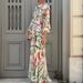 Women O-neck Long Sleeved Lace Up Beach Dress Casual Bohemian Summer Maxi Dresses Geometric Pattern Printed Loose Holiday Dress_ecoleips.com