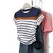 Versatile Elegant Women's T-Shirt Summer Style Fitted Waist Color Block Striped Short Sleeve Top_ecoleips.com