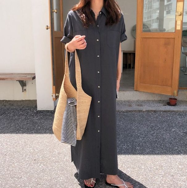 2296 South Korea 2025 New Short Sleeved Long Loose And Lazy Knee High Shirt Style Dress For Women_ecoleips.com