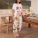 Women's Clothing Graffiti Print Loose Short Sleeved T Shirt Wide Leg Straight Pants Holiday Style Suit_ecoleips.com